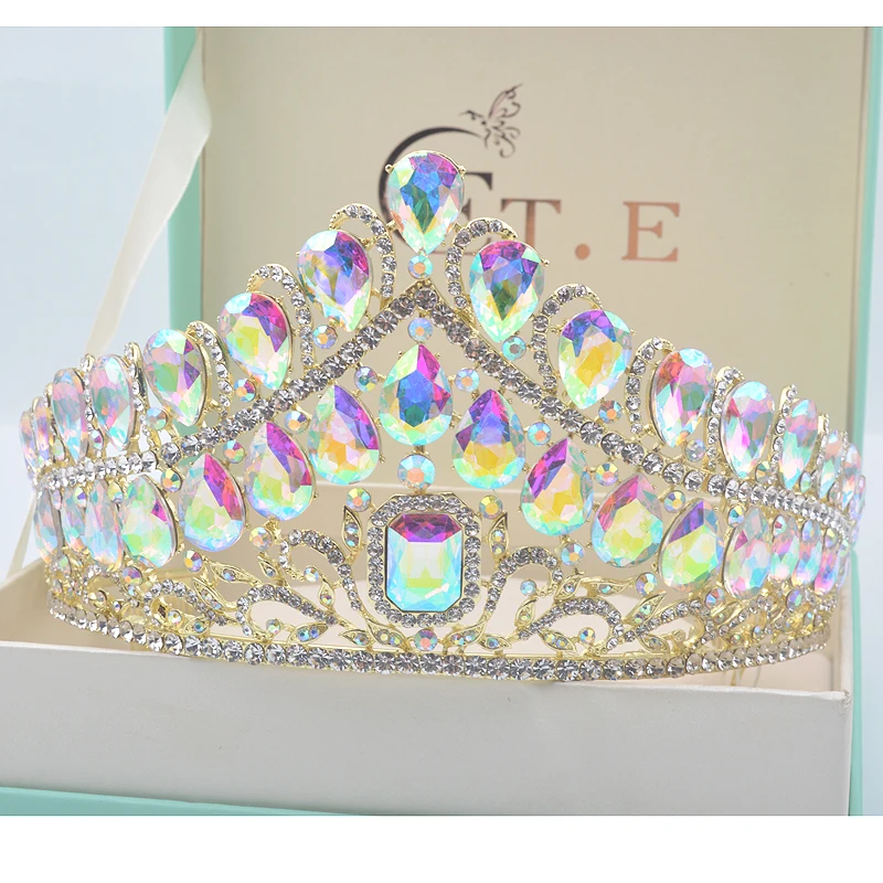 Роскошная винтажная Серебряная свадебная корона AB, свадебная тиара из сплава в стиле барокко, Королевская корона, Стразы золотого цвета, полукруглая тиара, Корона
