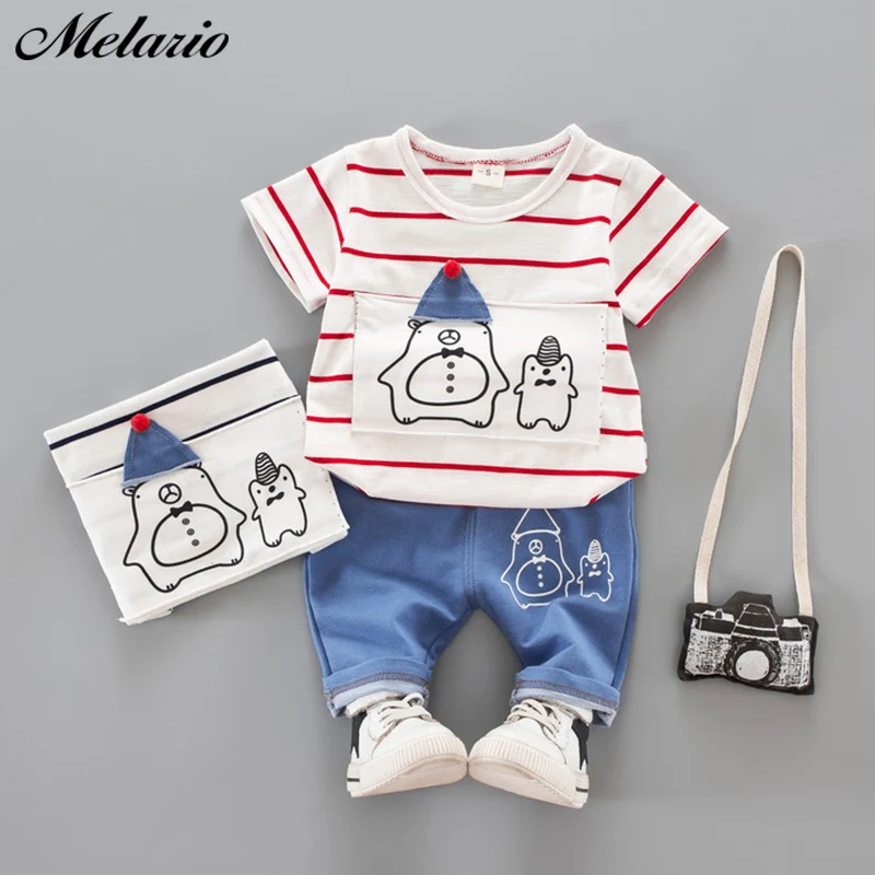 Toddler Boy Summer Short Sets Short Sleeve Cartoon Tee Shirt Striped Drawstring Shorts Trousers 2 Piece Outfit