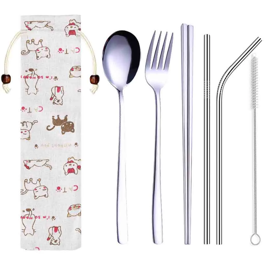 

Stainless Steel Dinnerware Set Metal Straw Spoon Fork Chopsticks Tableware And Cat Print Bag Travel Camping Cutlery Set #5$