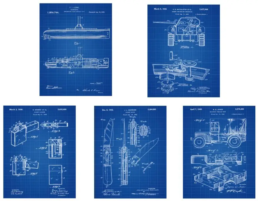 Винтажный большой патент в мировой войны подводная лодка Танк Зажигалка нож джип Плакат Набор 5 в 1/Патентное искусство/образовательное искусство/винтажное искусство