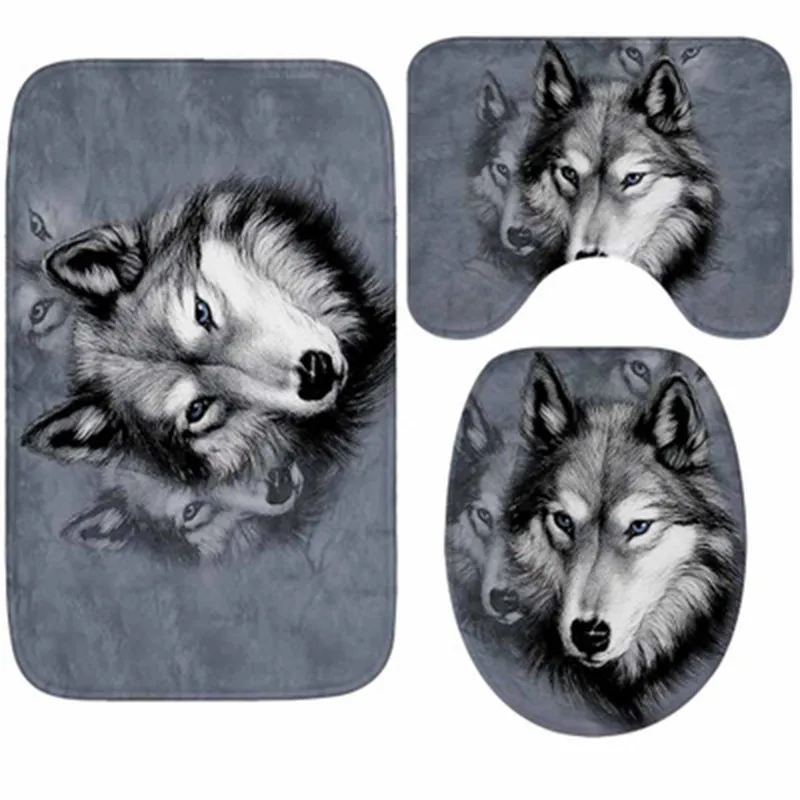 

3Pcs Wolf Printed Bathroom Mat Toilet Rug Anti-slip Carpet Bathroom Bathtub Mat Memory Bath Mat Soft Bathroom Floor Mats