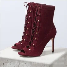 Sexy Heels Red Wine Suede Ankle Boots Peep Toe Lace-up Cut-out Cross Straps Tied Women Autumn Boots Fashion Ladies Dress Shoes Sexy Heels Red Wine Suede Ankle Boots Peep Toe Lace-up Cut-out Cross Straps Tied Women Autumn Boots Fashion Ladies Dress Shoes