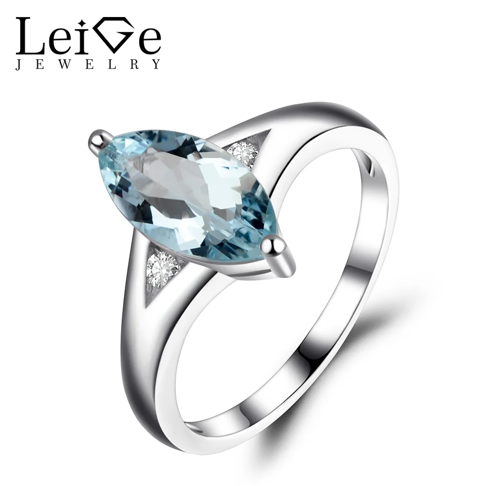 Leige Jewelry Natural Aquamarine Engagement Rings Women 925 Sterling