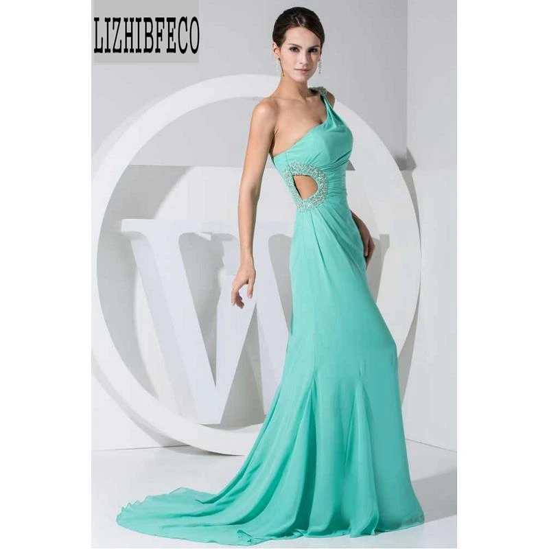 

Chiffon Floor-Length One-Shoulder Beading Sleeveless A-line Formal Evening Dresses Court Train Custom made