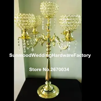 

Wholesale Wedding crystal globe centerpieces 5 arm metal gold crystal candelabras candle holder