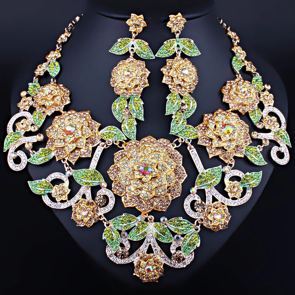 FARLENA Wedding Jewelry Exquisite 3D flower necklace earrings set full crystal rhinestones african bridal jewelry sets