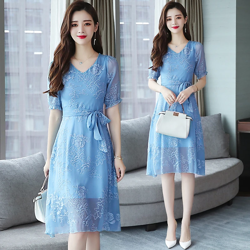 Summer Party Blue Women Dress Embroidery Floral Elegant Lady Slim Midi Vintage Short Sleeve Runway Vestido 2019 New Arrival