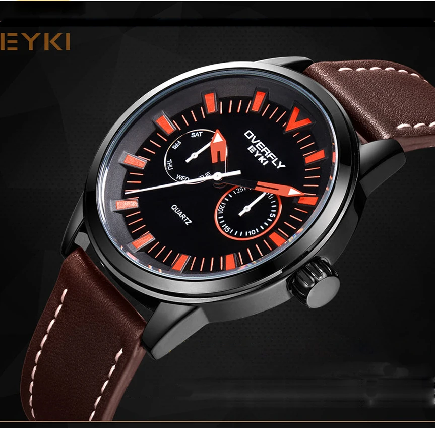 

EYKI Men's Military Sport Watches Men Cool Calendar Week Display Watch Male Leather Luminous pointer watch Relogio Masculino Box