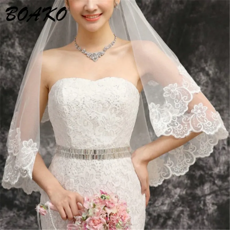 

BOAKO 1.5M Short Wedding Veils One Layer Lace Flower Edge Appliques Bridal Veil 2019 New Cheap Wedding Accessories Veu de Noiva