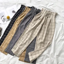 Drawstring Lacing Up Waist Plaid Pants Women 2019 New Spring Autumn Ankle Length Harem Pants Plaid Striped Pantalon Femme Drawstring Lacing Up Waist Plaid Pants Women 2019 New Spring Autumn Ankle Length Harem Pants Plaid Striped Pantalon Femme