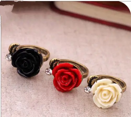 

OMH wholesale 6.75 17 mm red black fashionable Europe and the United States Vintage roses alloy ring for women JZ26