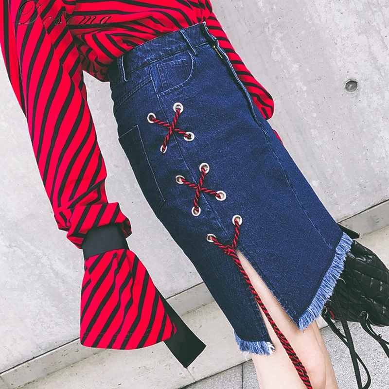 DOSOMA Women Denim Skirt Lace Up Side Split Tassel Skirts Solid Blue
