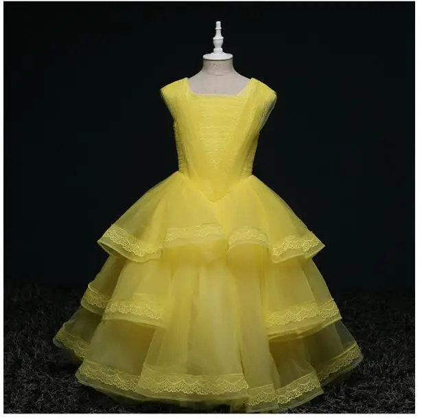 

Girl's Formal Dress 2018 Flower Wedding Dresses Cute Kids Gauze Pleated Lace Party Ball Gown Children's Prom Dress Yellow 3-13Y