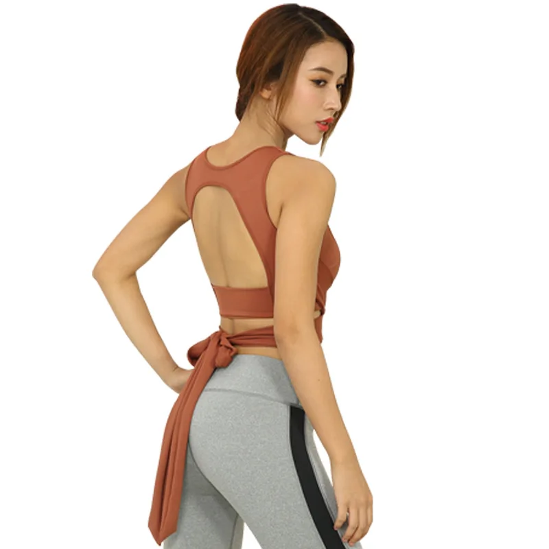 

Solid Gym Crop Top Open Back Bandage Tie Up Sport Bras Women High Impact Yoga Bra Brassiere Sport Woman Fitness Bra Top