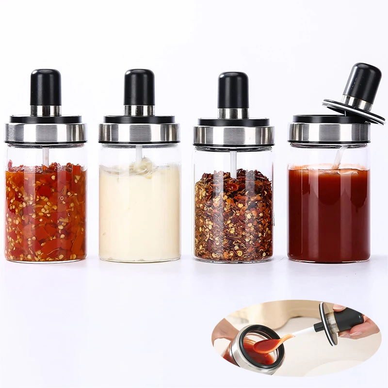 Tarro de condimento de vidrio transparente Sart/én de pimienta salada Botella con cuchara para uso en cocina