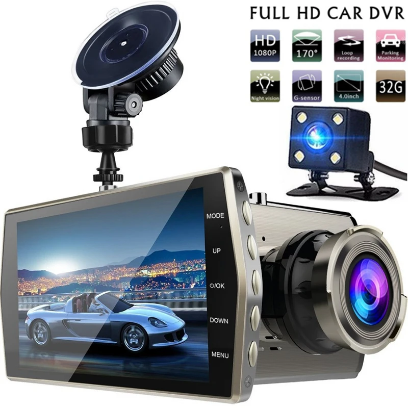 Dual Lens Car DVR Vehicle Camera Full HD 1080P 4 IPS Front+Rear Dash Cam  (1)