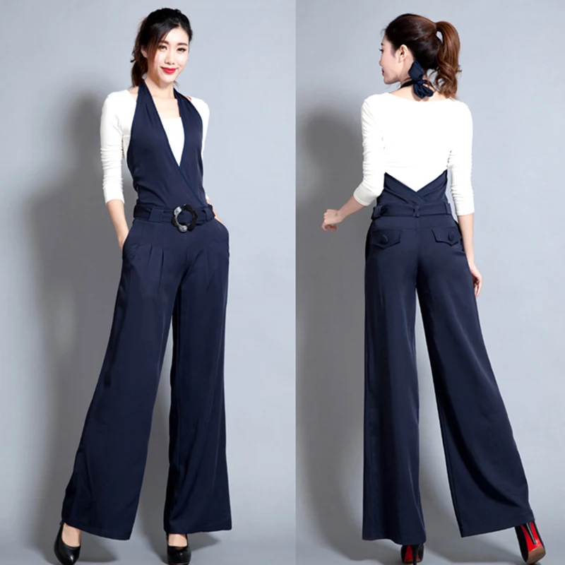 

2018 Autumn Winter Women Solid Jumpsuit Slim Bodysuits Sleeveless Suspenders Sashes Casual Rompers Wide Leg Playsuits Ladies