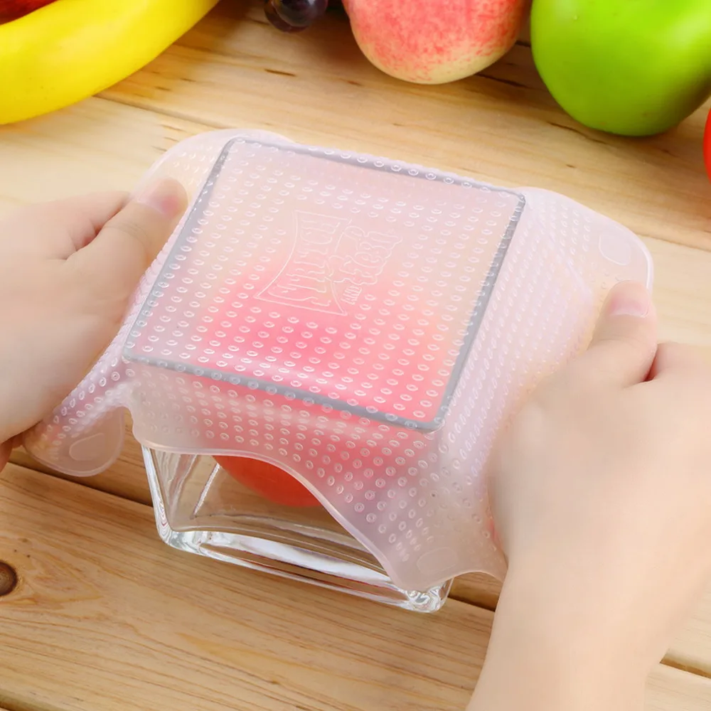 

4Pcs Multi-functional Clear Reusable Silicone Food Wraps Seal Vacuum Cover Stretch Food Fresh Keeping Saran Wrap Kitchen Tools