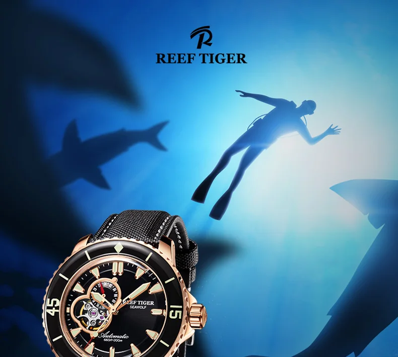 Reef Tiger/RT Mens Dive Watches Nylon Strap Blue Dial Watches Luminous Automatic Watch with Date RGA3039