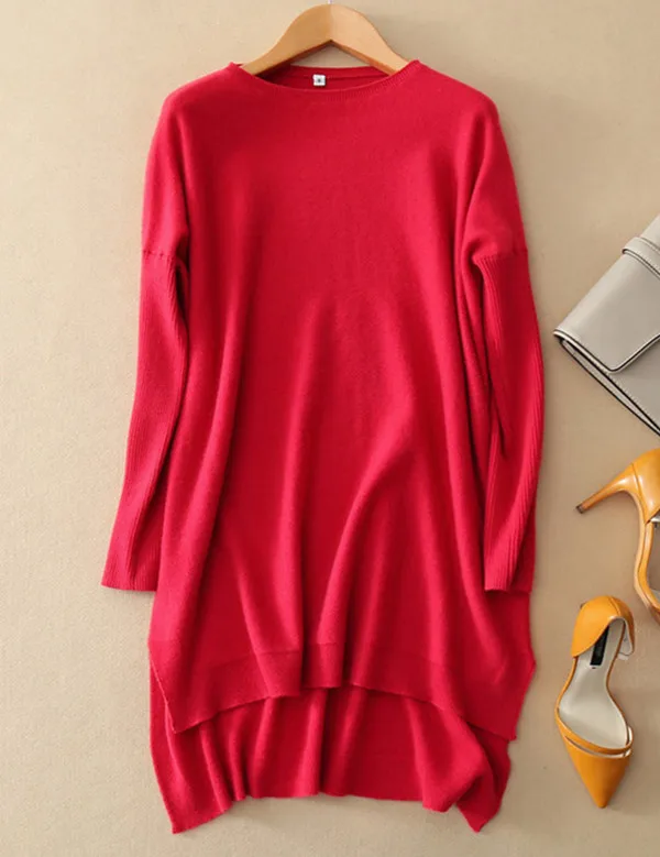 

high grade pure goat cashmere knit women's O-neck long dress pullover sweater irregular length S-2XL
