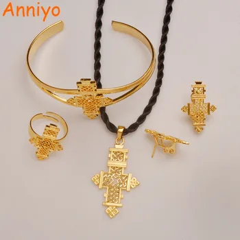 

Anniyo Ethiopian Gold Color Cross Jewelry Set Black Rope Chain/Earrings/Ring/Bangle African Ethnic Habesha Wedding Gifts #201306