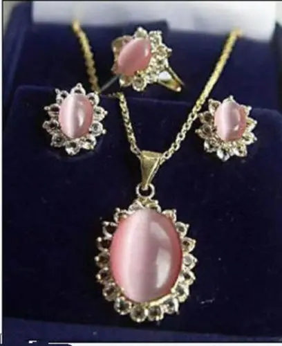 

Hot sale new Style >>>>>Beautiful Women's Jewelry pink cat- eyes stone ring earrings necklace set