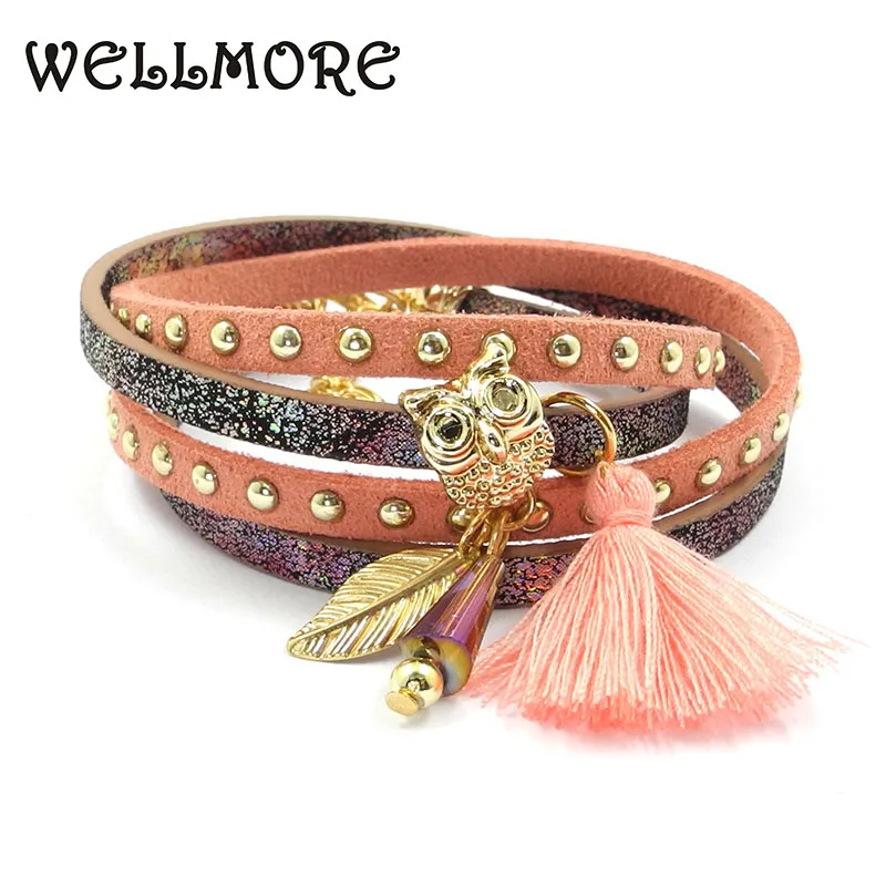 

WELLMORE pink red blue beige yellow leather bracelet charm bracelets for women Bohemian bracelets boho bracelets&bangles B21602