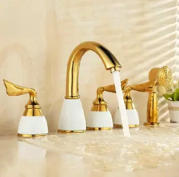 

Free shipping New Design 5 Pcs Gold Polished Solid Brass white ceramic Bathroom Basin Sink Mixer Tap Basin Faucet JM5266