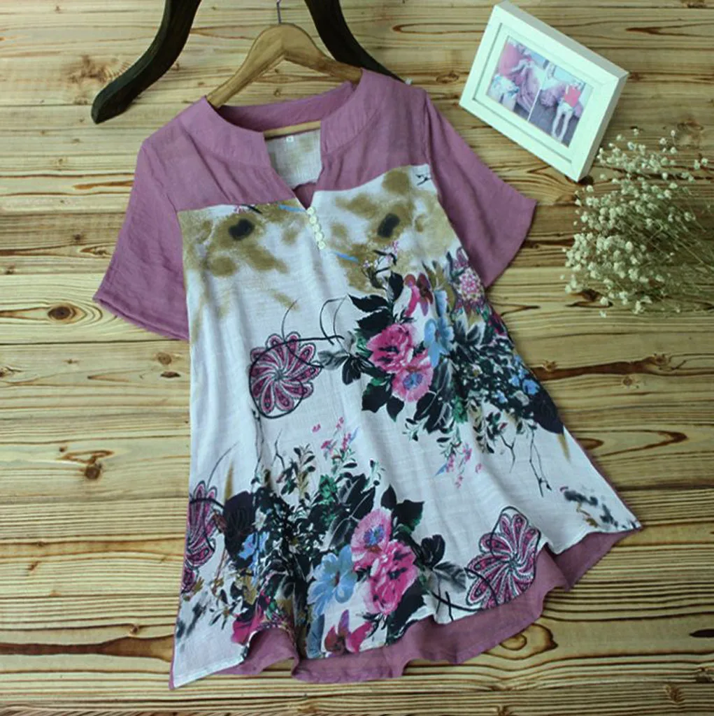 

JAYCOSIN 2019 Hot Sale Summer Women T-shirt Plus Size Vintage V-Neck Floral Printing Button Patch Short Sleeves Top 9041221
