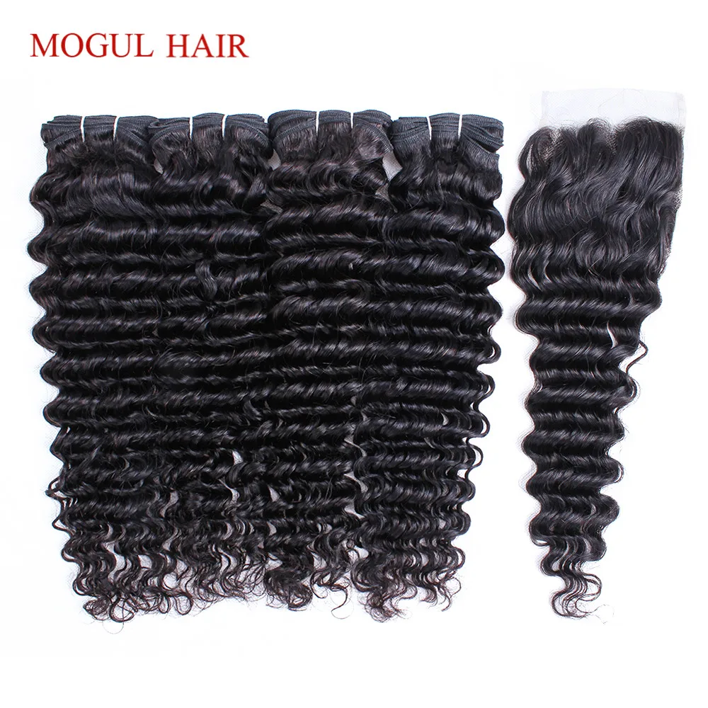 MOGUL HAIR Brazilian Deep Wave Bundles With Closure Natural Color 3/4 with Remy Human Hair Extension 10-26 inch | Шиньоны и парики
