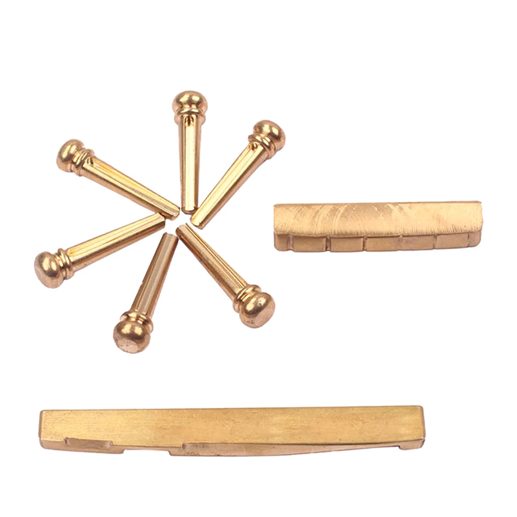 6 pieces Brass Bridge Pins + Nut Saddle Slotted for Acoustic Guitar Parts Gold New