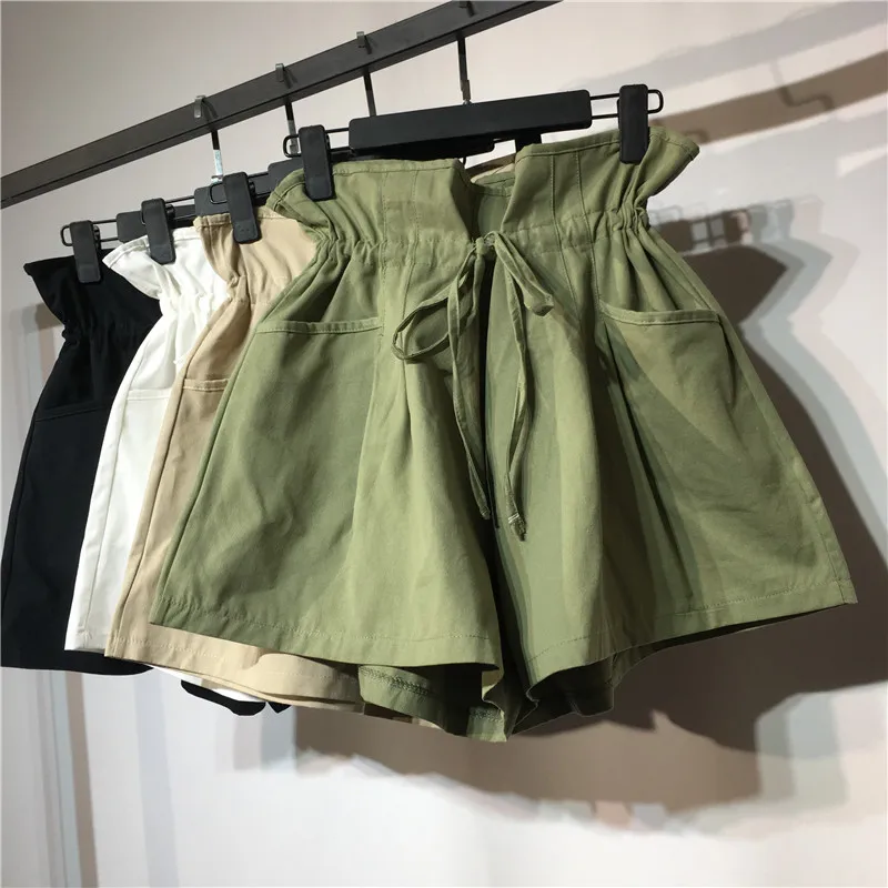 Повседневное рябить талии поясом ASOS шорты с бантом Армейский зеленый Высокая талия широкие шорты 2019 осенью новый Для женщин плотная шорты
