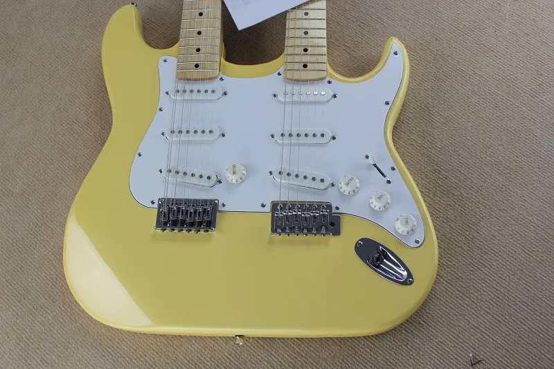 

free shipping high quality Maple Fretboard Double Neck F 6 + 12 string Cream yellow Electric Guitar 7-17