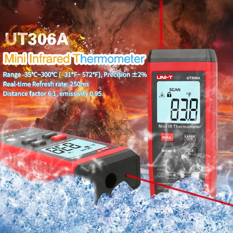 Оригинальный Мини Инфракрасный термометр с ЖК дисплеем 35 ~ 300C 31 572F UT306A лазерный