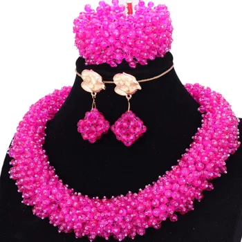 

Bling Fine Jewelry Sets Fuchsia Hot Pink Nigerian Indian Bridal Necklace Set Handmade High Quality Dubai Jewellery Set Free Ship
