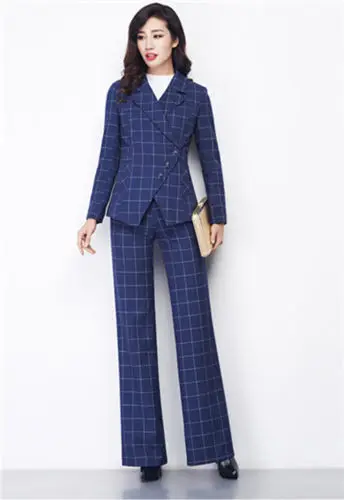 The-fashion-Pants-suit-Blue-With-White-Squares-Woman-Blazers-Casual-Suit-2-Pcs-of-Lady
