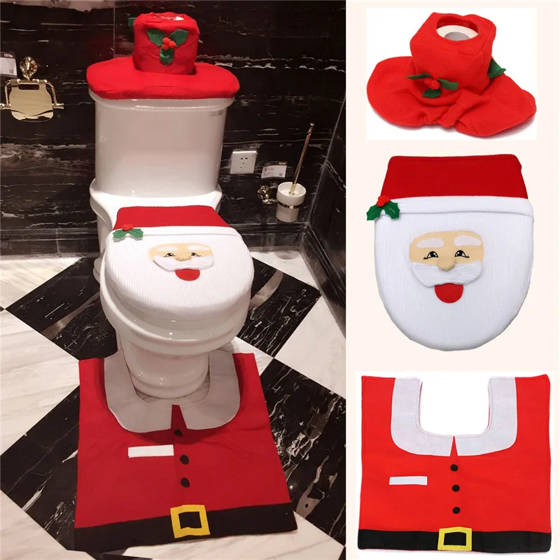 2017 3pcsset Snowman Santa Claus Toilet Seat Cover and Rug Bathroom Set Contour Rug Christmas Decorations for Home Papai Navida