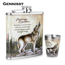 GENNISSY Wolf und Wald Muster Mini Alkohol Flasche 7 unze Metall Bar und Outdoor-sportarten Gewidmet Edelstahl Flachmann Set