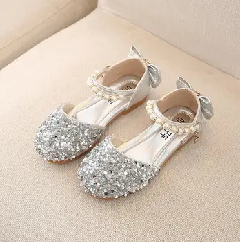 

Spring New Children Casual Shoes Leather Girls Princess Flat Heel Party Shoes Fashion Sequins Bow Pearl Kids Shoes For Girls
