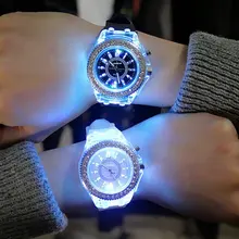 Sports Women Lady Girl Rubber Band Candy Wrist Watch Couple jelly rhinestone Led Night Light Quartz Watch Colorful Strap jis flash light couple quartz watch with leather band