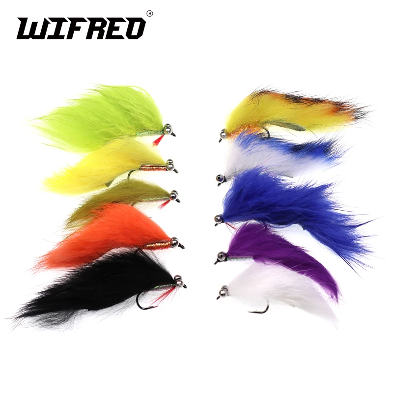 Wifreo 10PCS #4 Mix Color Zonker Fly Streamers Trout Bass Fly Fishing Lures Combo Set Olive Black White Green Blue Color