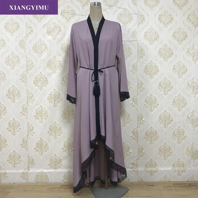 

F806 fashion Women Muslim Irregular lace Dress Long Sleeve Abaya Robes Tunic
