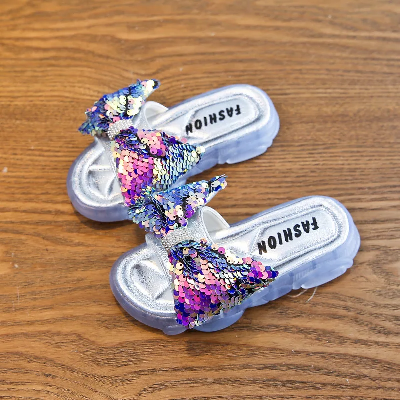 

Disney children's non-slip soft bottom slippers girl princess sequin slippers bow breathable children's slippers