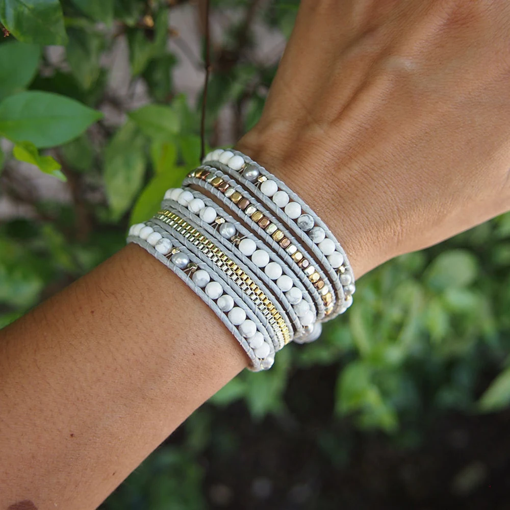 

Drop Shipping Women Men Stylish Boho White Howlite Mix Wrap Beadwork Bracelet with Gray Cord
