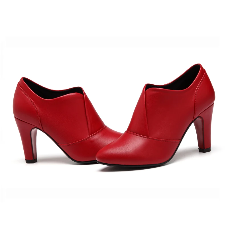 Женские туфли-лодочки из натуральной кожи на высоком каблуке; сезон весна-осень; цвет черный, красный; туфли с острым носком; YG-B0077