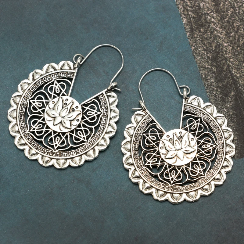 docona Bohemia Tribal Hollow Lotus Flower Drop Earrings for Women Vintage Antique Carved Circle Dangle Earring Pendientes 4495 - Image 2