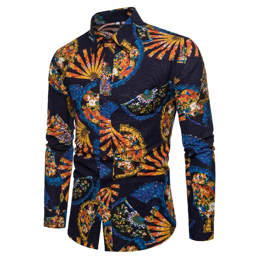 2018 рубашка Для мужчин с длинным рукавом Свободные Тонкий хлопок льняная рубашка мужской моды рубашки с принтом