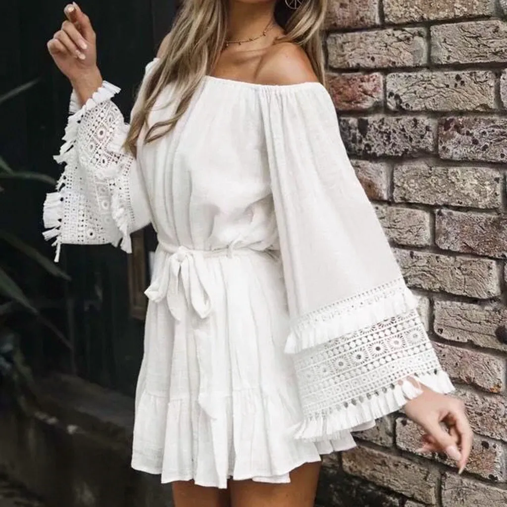 

Elegant Fashion Women's Dress Casual Loose Solid Off Shoulder Lace Slash Neck Full Sleeve Mini Vestidos Fairy Flattering OY41*
