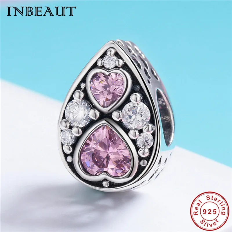 

fit Pandora Bracelet 925 Sterling Silver Angel Tear Charm Round White CZ Pink Heart Zircon Water Drop Beads for Pendant Necklace