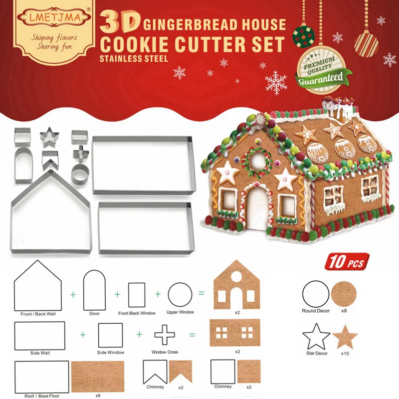 

LMETJMA Christmas Cookie Cutter Set 10 Pcs 3D Christmas Gingerbread House Cookie Cutters Stainless Steel Cookie Cutters KC0179